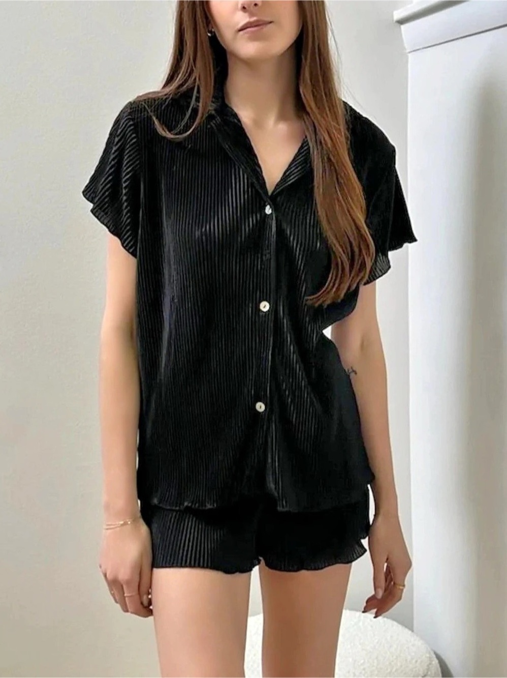 Waverles Accordion Bridesmaids Pleated Short Set Button-Front Two-Piece Set Blac